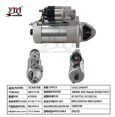 YTM QD1213A 12V 2.3KW 9T 시작 모터 Deutz D436 1011 엔진 지니 S65 0001223016 0001223021 Deutz 01181751 01182124 교체 시작 모터