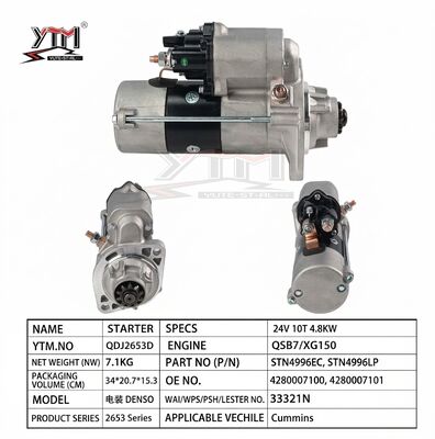 24V 4.8KW 10T Starter Motor QDJ2653D STN4996EC STN4996LP 33321N 4280007100 4280007101 for Cummins LiuGong 933E