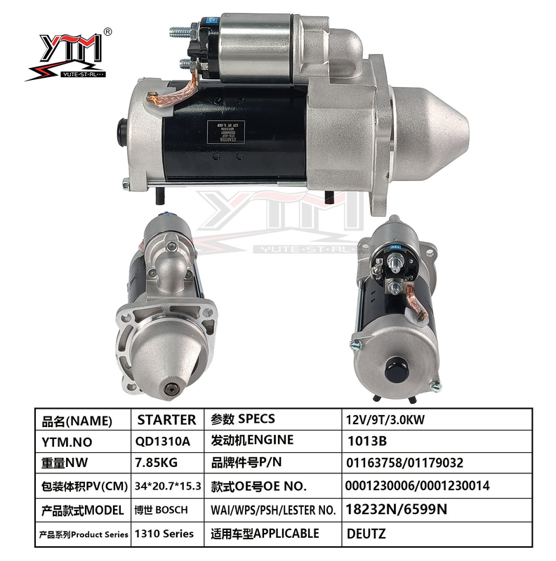 12V 3.0KW 9T 스타터 모터 0001230006 0001230014 Lester 18232N 6599N Deutz 1013B 엔진용